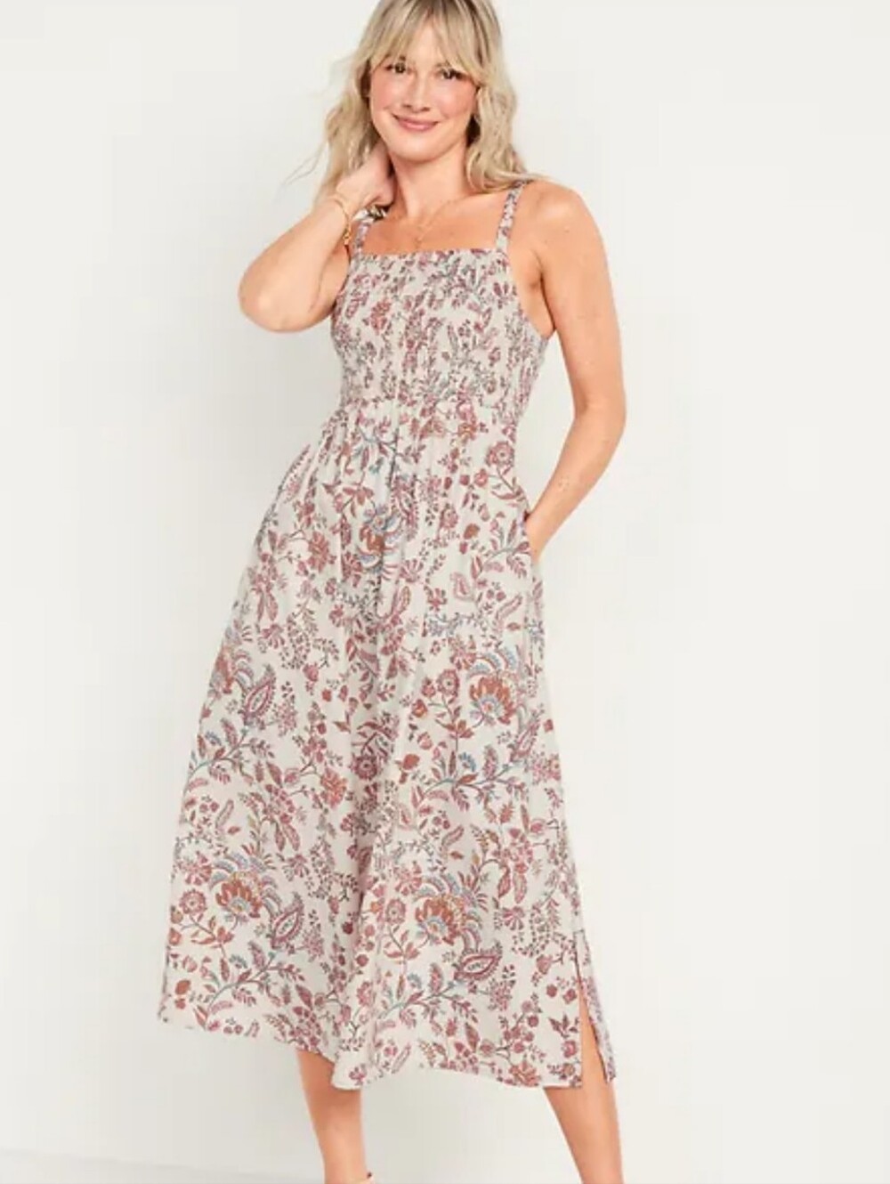Old Navy Boho Chic Earthy Floral Paisley Smocked Midi Prairie Cotton Dress Sz M